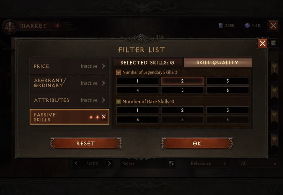Marketplace filter set to two or more legendary skills