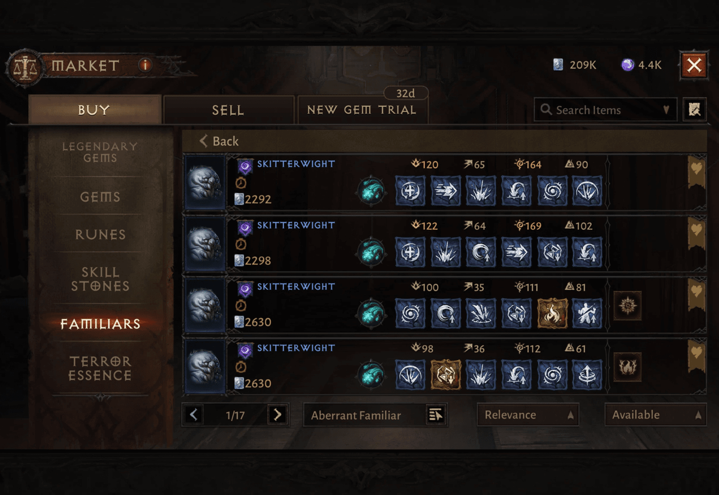 Two Aberrant Skitter familiars listed on the marketplace