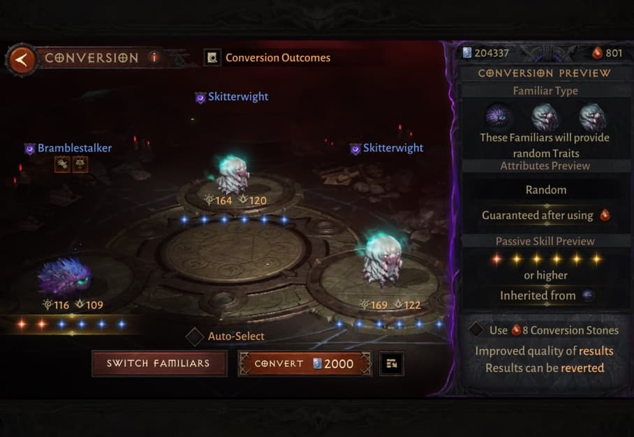 Conversion preview showing the base pet followed by two Aberrant Skitters