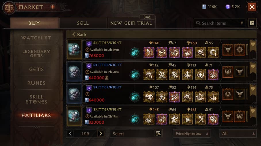 Buyer side of the marketplace with the player's own listing marked by a person icon